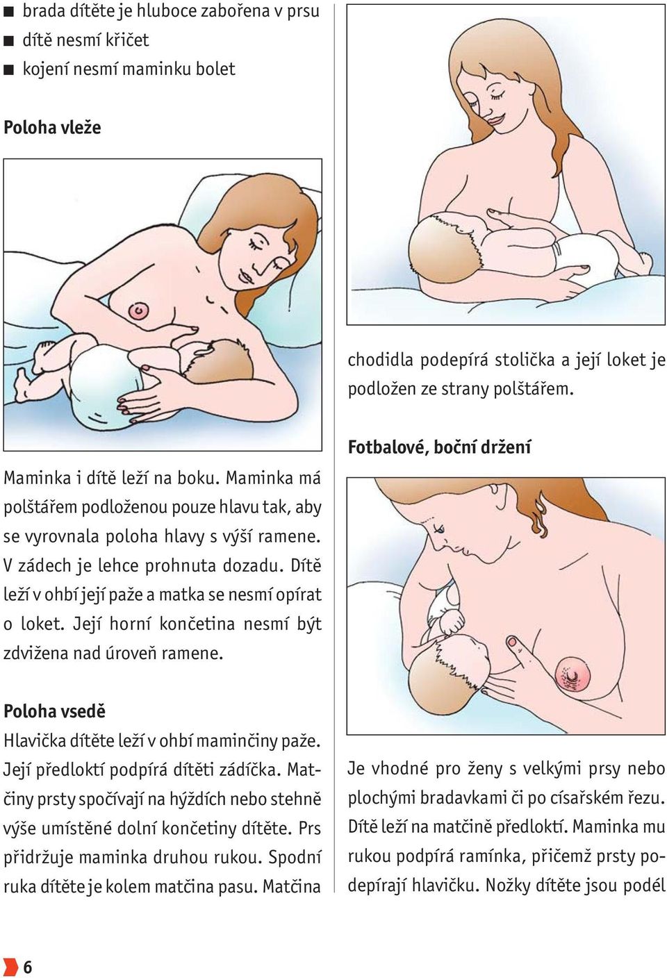 Její horní končetina nesmí být zdvižena nad úroveň ramene. Fotbalové, boční držení Poloha vsedě Hlavička dítěte leží v ohbí maminčiny paže. Její předloktí podpírá dítěti zádíčka.