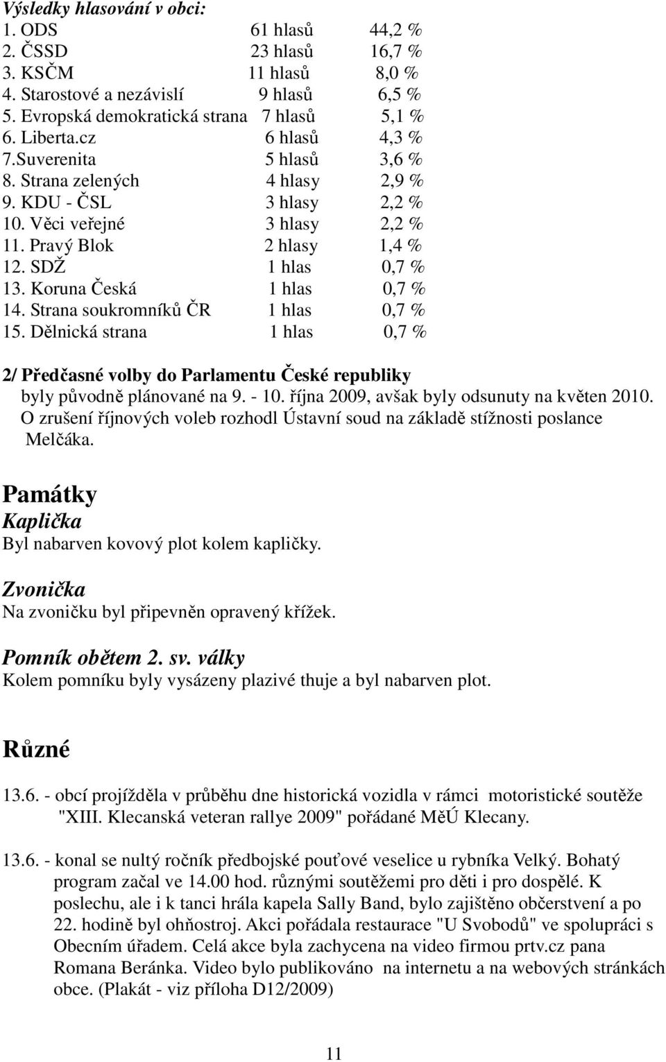 Koruna Česká 1 hlas 0,7 % 14. Strana soukromníků ČR 1 hlas 0,7 % 15. Dělnická strana 1 hlas 0,7 % 2/ Předčasné volby do Parlamentu České republiky byly původně plánované na 9. - 10.