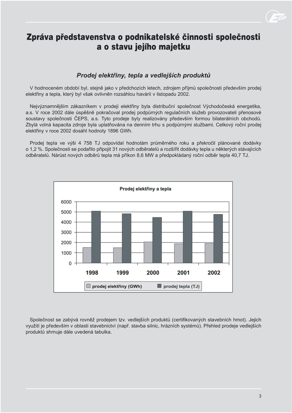 Nejvýznamnìjším zákazníkem v prodeji elektøiny byla distribuèní spoleènost Východoèeská energetika, a.s. V roce 2002 dále úspìšnì pokraèoval prodej podpùrných regulaèních služeb provozovateli pøenosové soustavy spoleènosti ÈEPS, a.