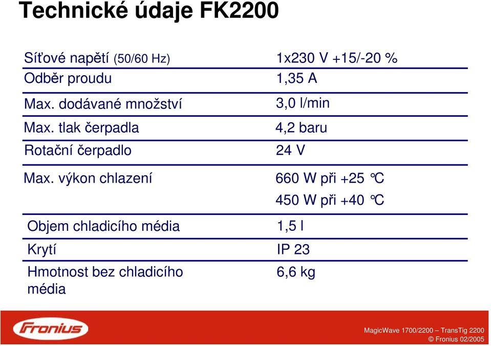 výkon chlazení Objem chladicího média Krytí Hmotnost bez chladicího média