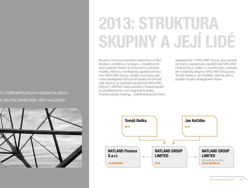 Klíčovou holdingovou společností skupiny NATLAND Group, na jejíž úrovni jsou přijímána strategická rozhodnutí týkající se činností celé skupiny, je kyperská společnost NATLAND GROUP LIMITED, která