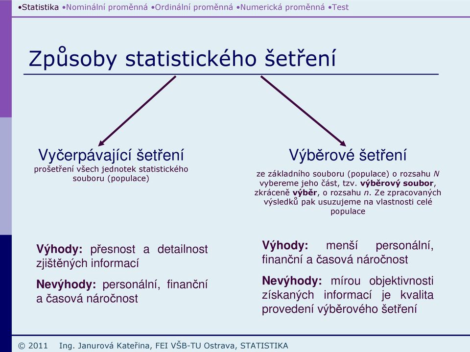 Ze zpracovaných výsledků pak usuzujeme na vlastnosti celé populace Výhody: přesnost a detailnost zjištěných informací Nevýhody: