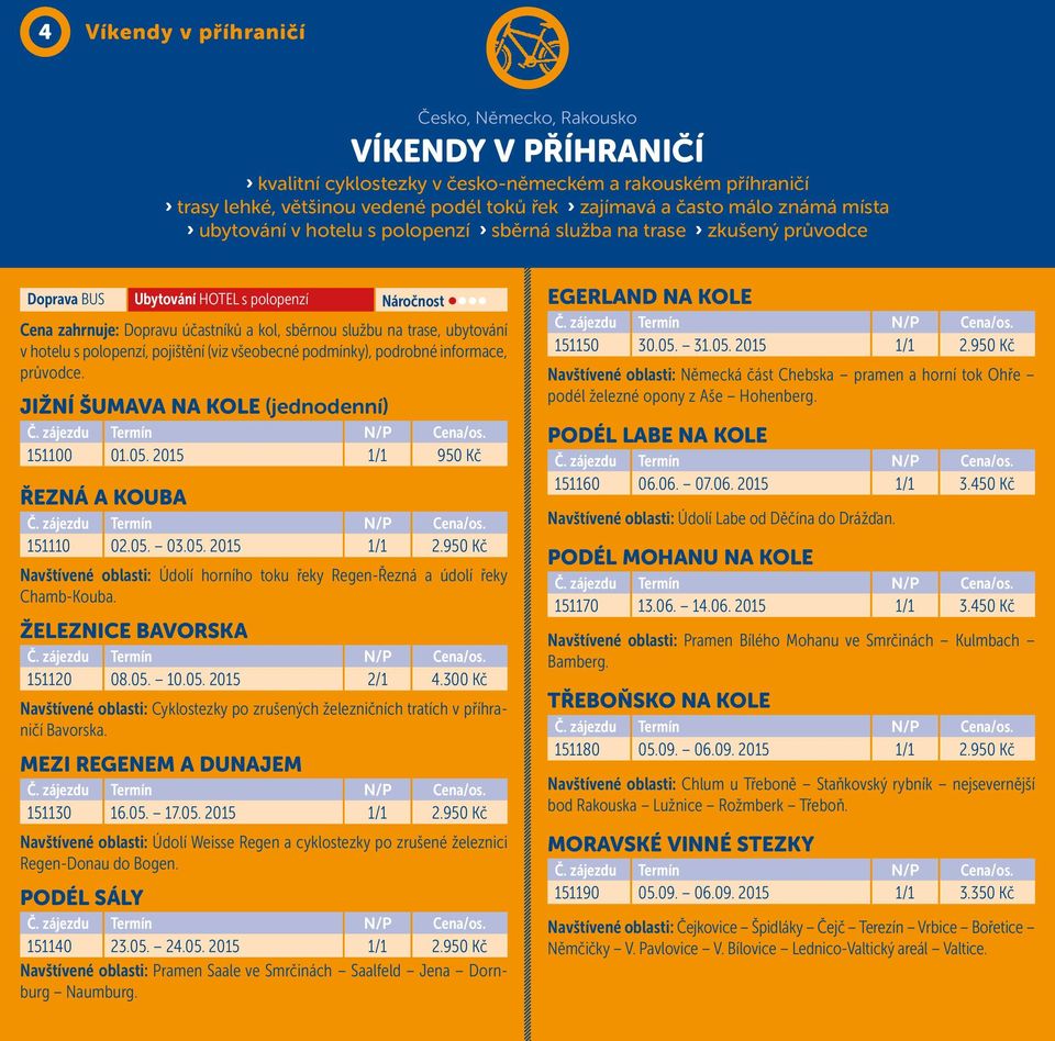 sběrnou službu na trase, ubytování v hotelu s polopenzí, pojištění (viz všeobecné podmínky), podrobné informace, průvodce. JIŽNÍ ŠUMAVA NA KOLE (jednodenní) j 151100 01.05.