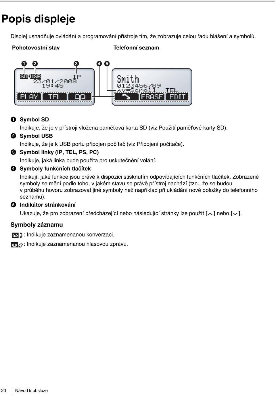 2 Symbol USB Indikuje, že je k USB portu připojen počítač (viz Připojení počítače). 3 Symbol linky (IP, TEL, PS, PC) Indikuje, jaká linka bude použita pro uskutečnění volání.