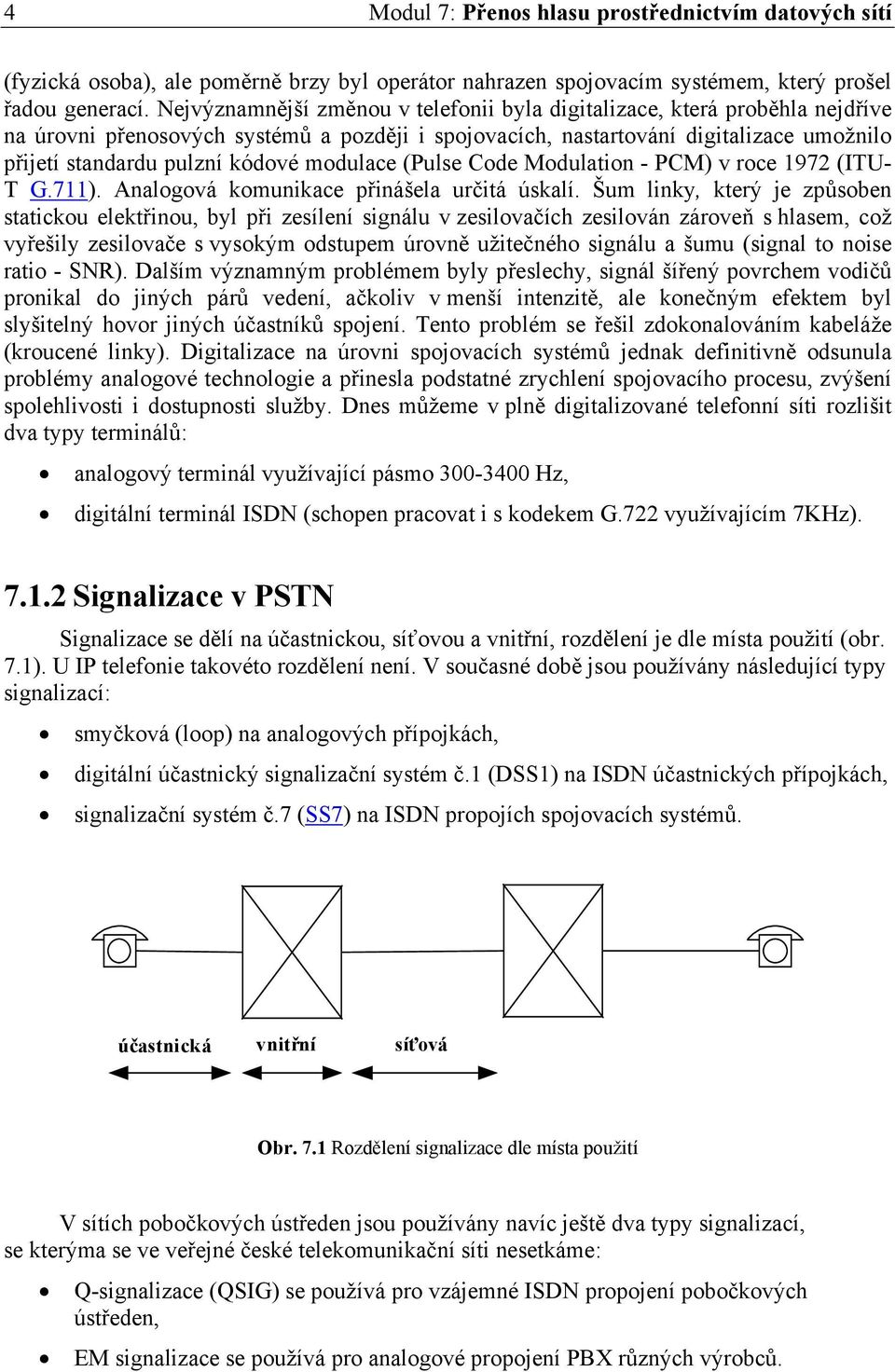 modulace (Pulse Code Modulation - PCM) v roce 1972 (ITU- T G.711). Analogová komunikace přinášela určitá úskalí.