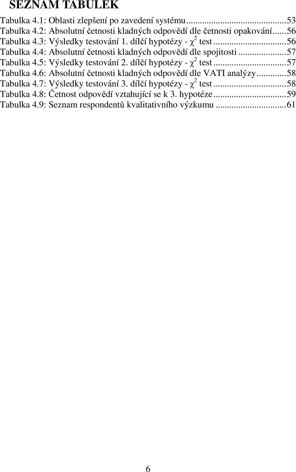 5: Výsledky testování 2. dílčí hypotézy - χ 2 test... 57 Tabulka 4.6: Absolutní četnosti kladných odpovědí dle VATI analýzy... 58 Tabulka 4.