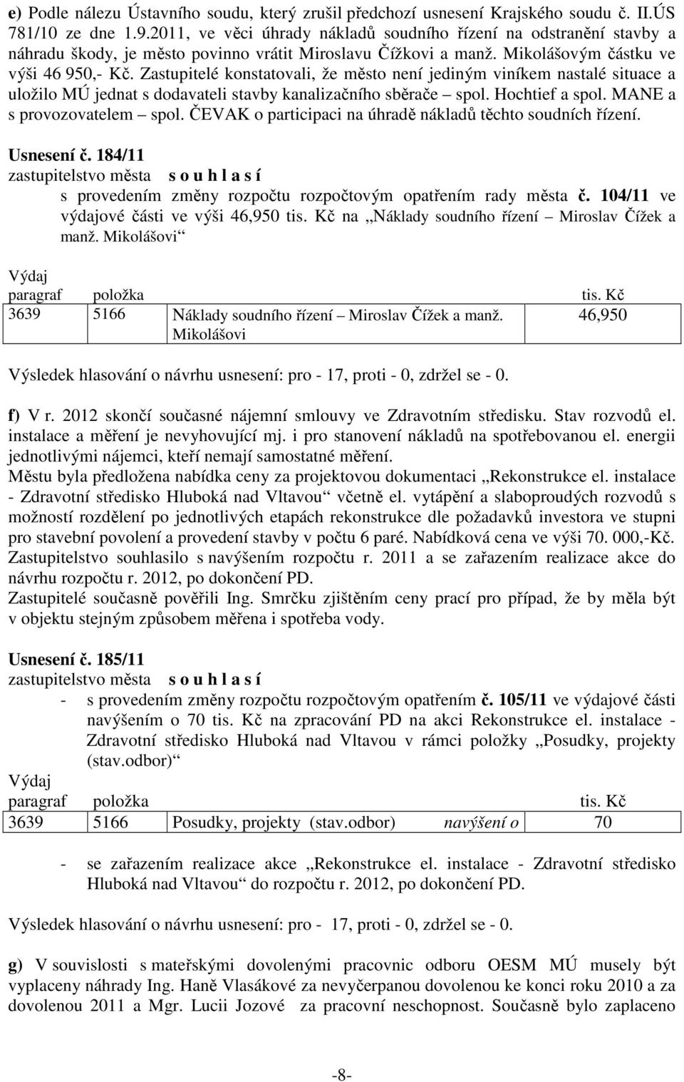 Zastupitelé konstatovali, že město není jediným viníkem nastalé situace a uložilo MÚ jednat s dodavateli stavby kanalizačního sběrače spol. Hochtief a spol. MANE a s provozovatelem spol.