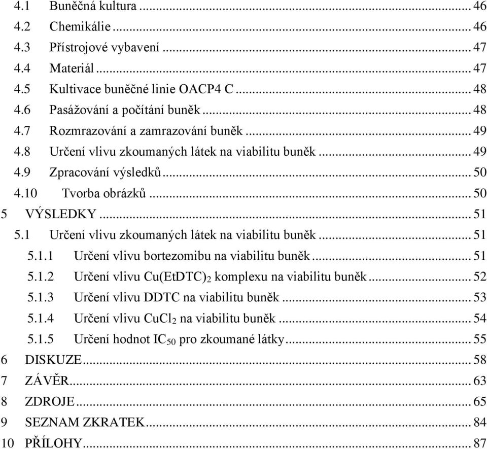 .. 51 5.1.1 Určení vlivu bortezomibu na viabilitu buněk... 51 5.1.2 Určení vlivu Cu(EtDTC) 2 komplexu na viabilitu buněk... 52 5.1.3 Určení vlivu DDTC na viabilitu buněk... 53 5.1.4 Určení vlivu CuCl 2 na viabilitu buněk.