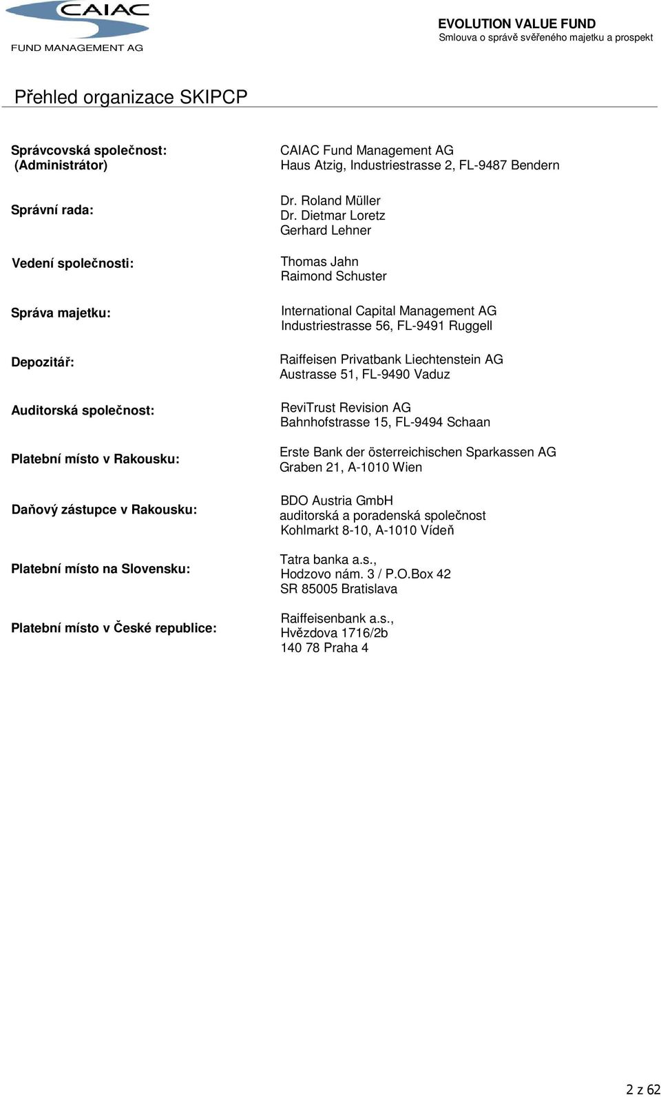 Dietmar Loretz Gerhard Lehner Thomas Jahn Raimond Schuster International Capital Management AG Industriestrasse 56, FL-9491 Ruggell Raiffeisen Privatbank Liechtenstein AG Austrasse 51, FL-9490 Vaduz