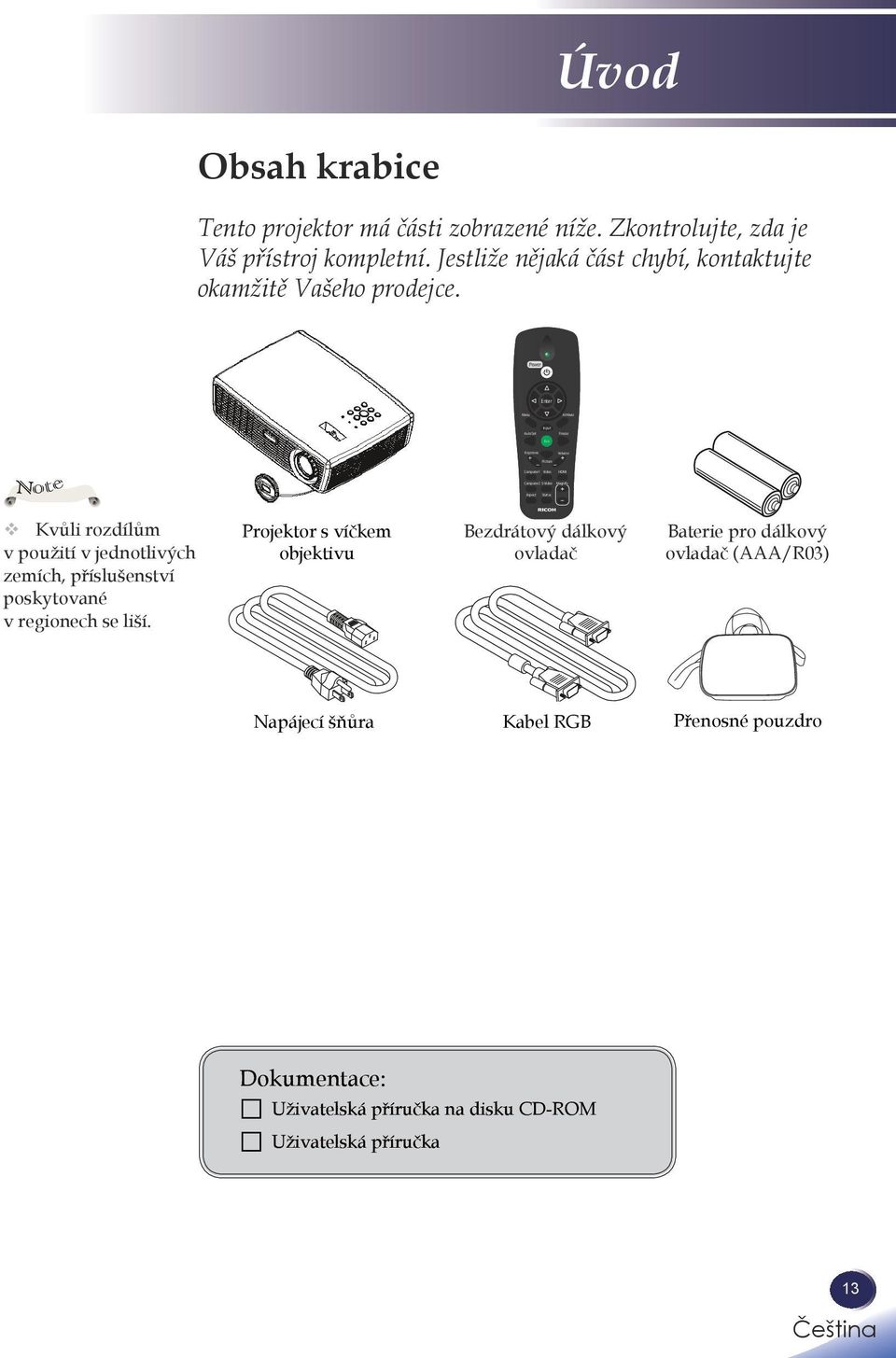 Note Kvůli rozdílům v použití v jednotlivých zemích, příslušenství poskytované v regionech se liší.