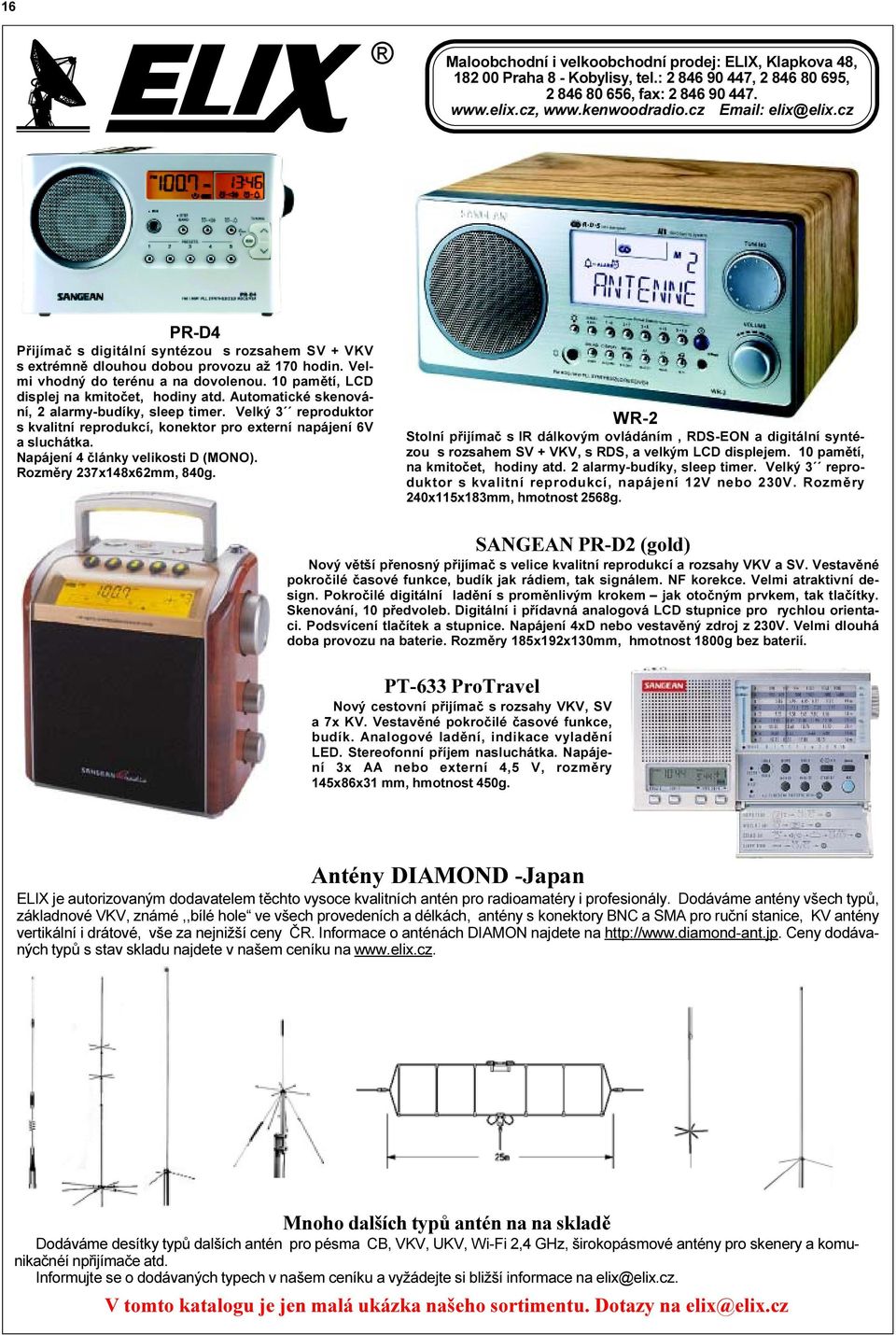 Rozmìry 237x148x62mm, 840g. WR-2 Stolní pøijímaè s IR dálkovým ovládáním, RDS-EON a digitální syntézou s rozsahem SV + VKV, s RDS, a velkým LCD displejem. 10 pamìtí, na kmitoèet, hodiny atd.