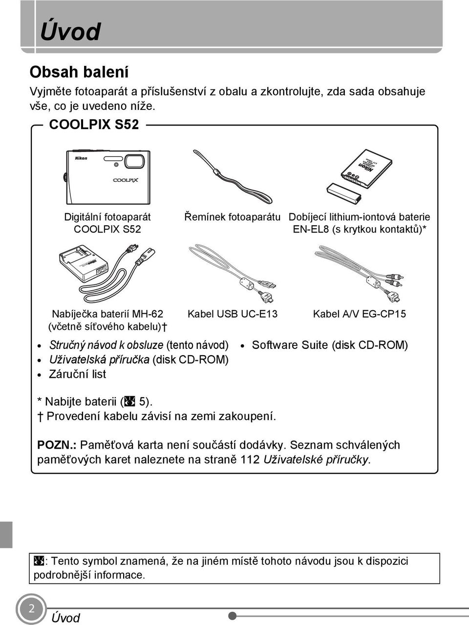 síťového kabelu) Stručný návod k obsluze (tento návod) Uživatelská příručka (disk CD-ROM) Záruční list Kabel USB UC-E13 * Nabijte baterii (A 5). Provedení kabelu závisí na zemi zakoupení.