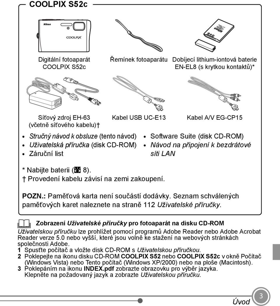 Kabel A/V EG-CP15 Software Suite (disk CD-ROM) Návod na připojení k bezdrátové síti LAN POZN.: Paměťová karta není součástí dodávky.