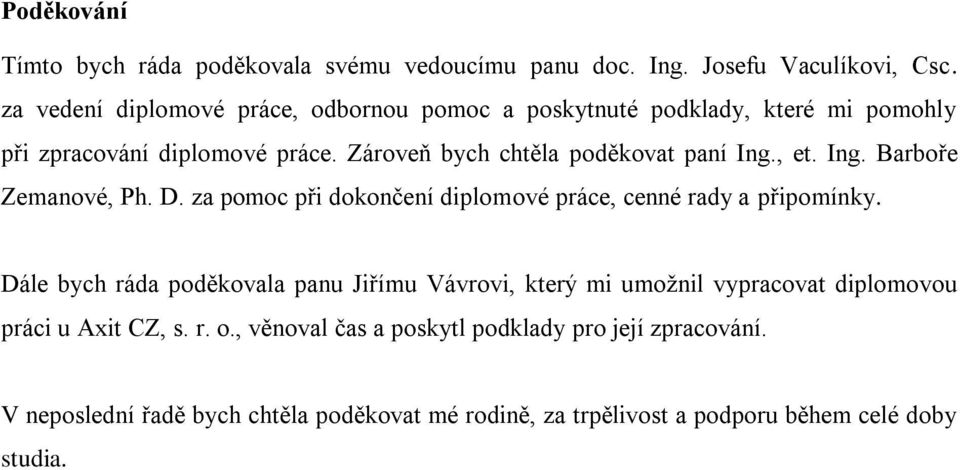 , et. Ing. Barboře Zemanové, Ph. D. za pomoc při dokončení diplomové práce, cenné rady a připomínky.