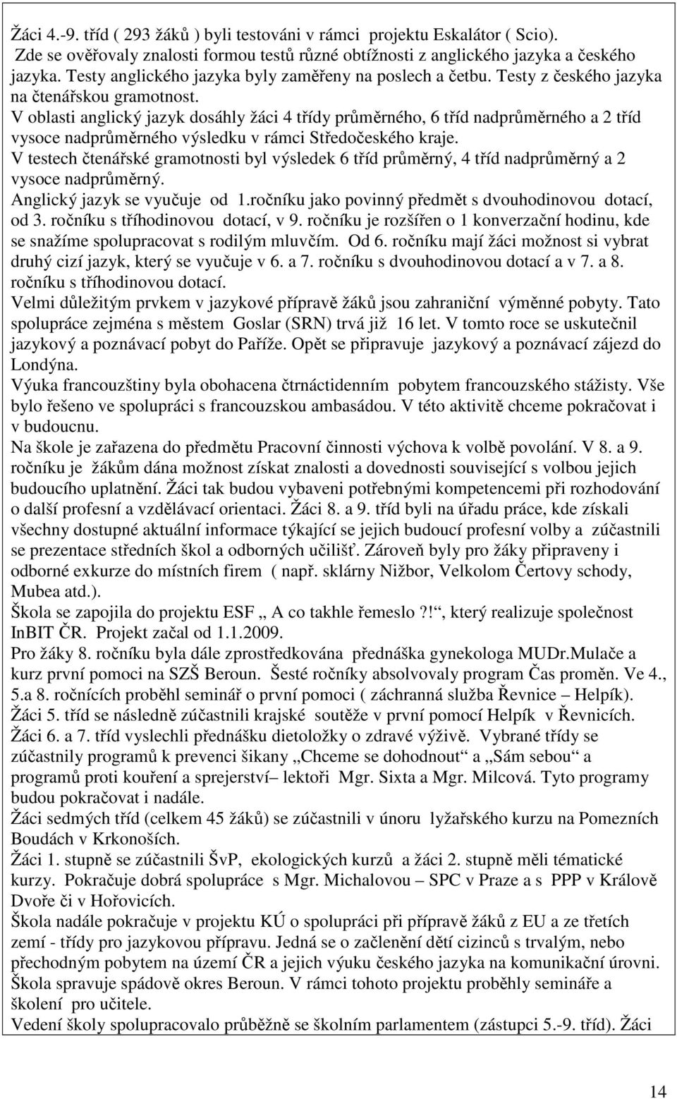 V oblasti anglický jazyk dosáhly žáci 4 třídy průměrného, 6 tříd nadprůměrného a 2 tříd vysoce nadprůměrného výsledku v rámci Středočeského kraje.