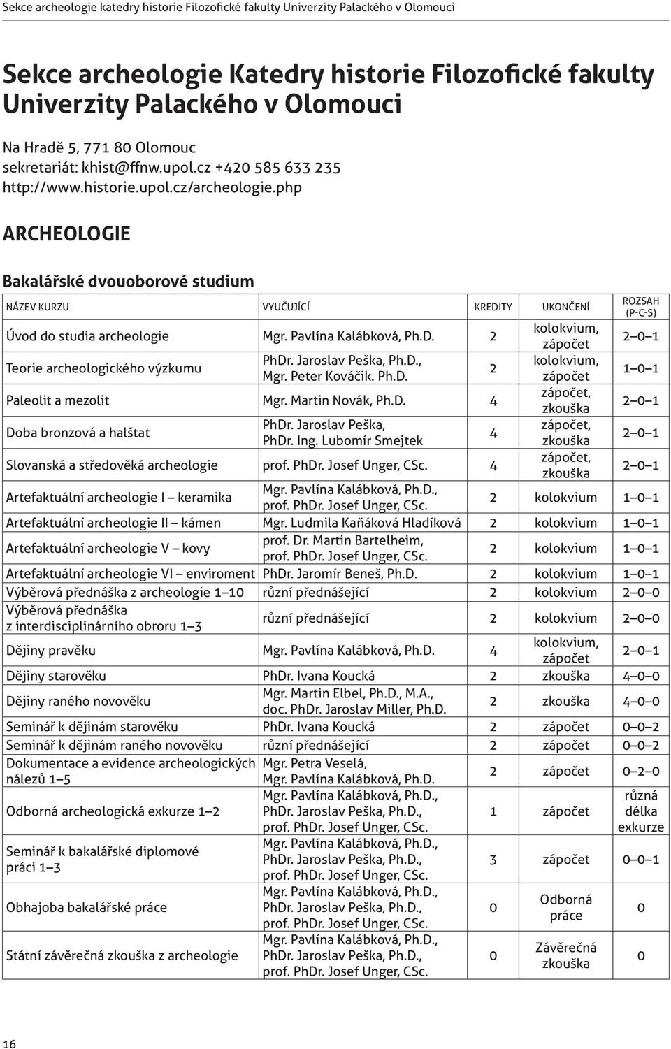 php ARCHEOLOGIE Bakalářské dvouoborové studium Název kurzu Vyučující Kredity Ukončení Úvod do studia archeologie Mgr. Pavlína Kalábková, Ph.D.