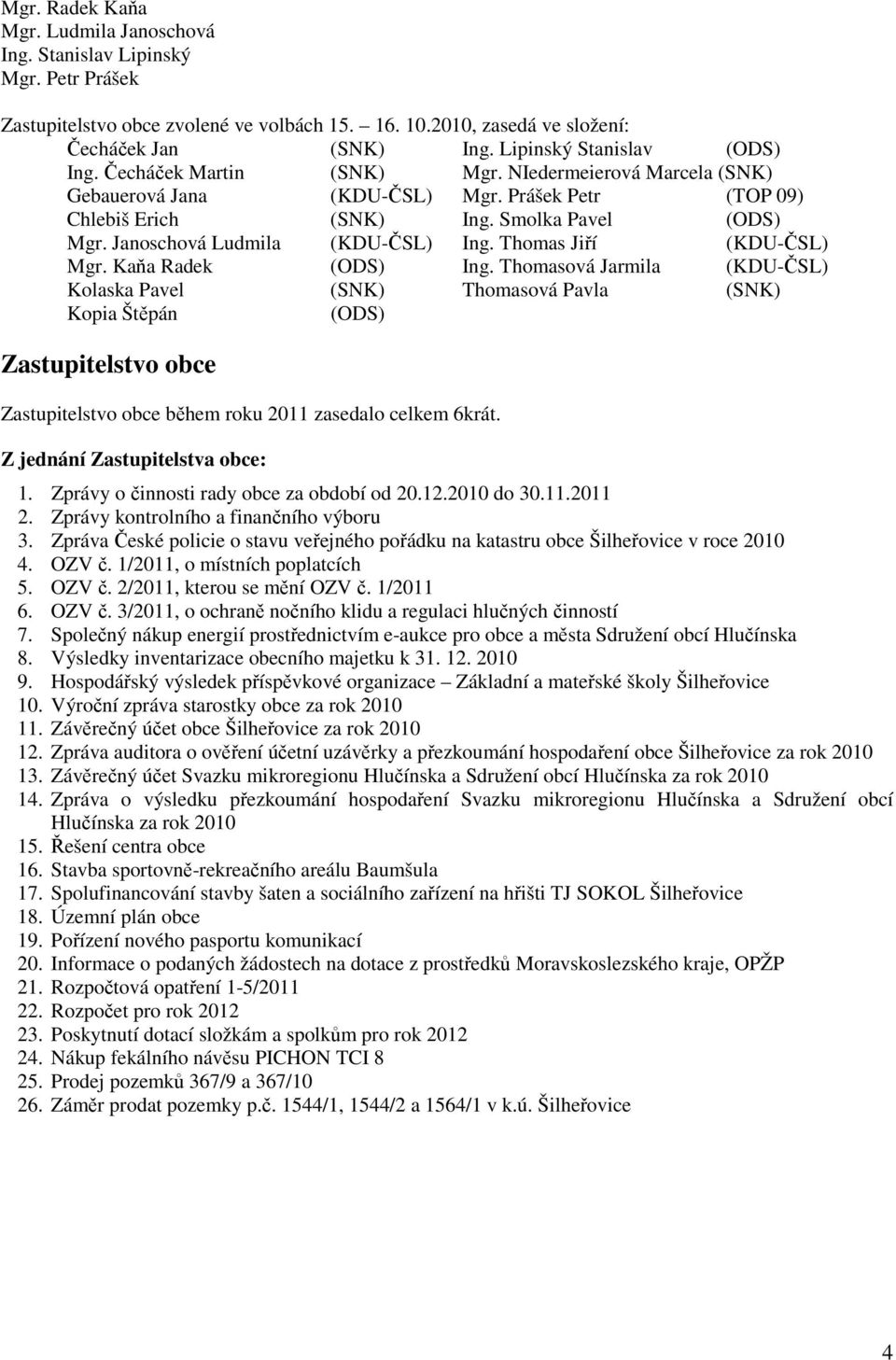 Janoschová Ludmila (KDU-ČSL) Ing. Thomas Jiří (KDU-ČSL) Mgr. Kaňa Radek (ODS) Ing.