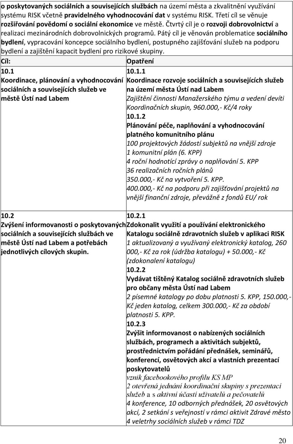 Pátý cíl je věnován problematice sociálního bydlení, vypracování koncepce sociálního bydlení, postupného zajišťování služeb na podporu bydlení a zajištění kapacit bydlení pro rizikové skupiny.