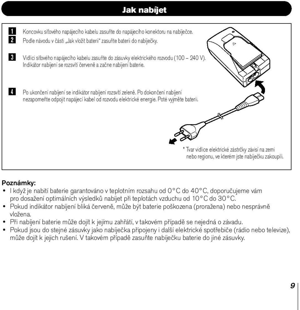 Po ukončení nabíjení se indikátor nabíjení rozsvítí zeleně. Po dokončení nabíjení nezapomeňte odpojit napájecí kabel od rozvodu elektrické energie. Poté vyjměte baterii.