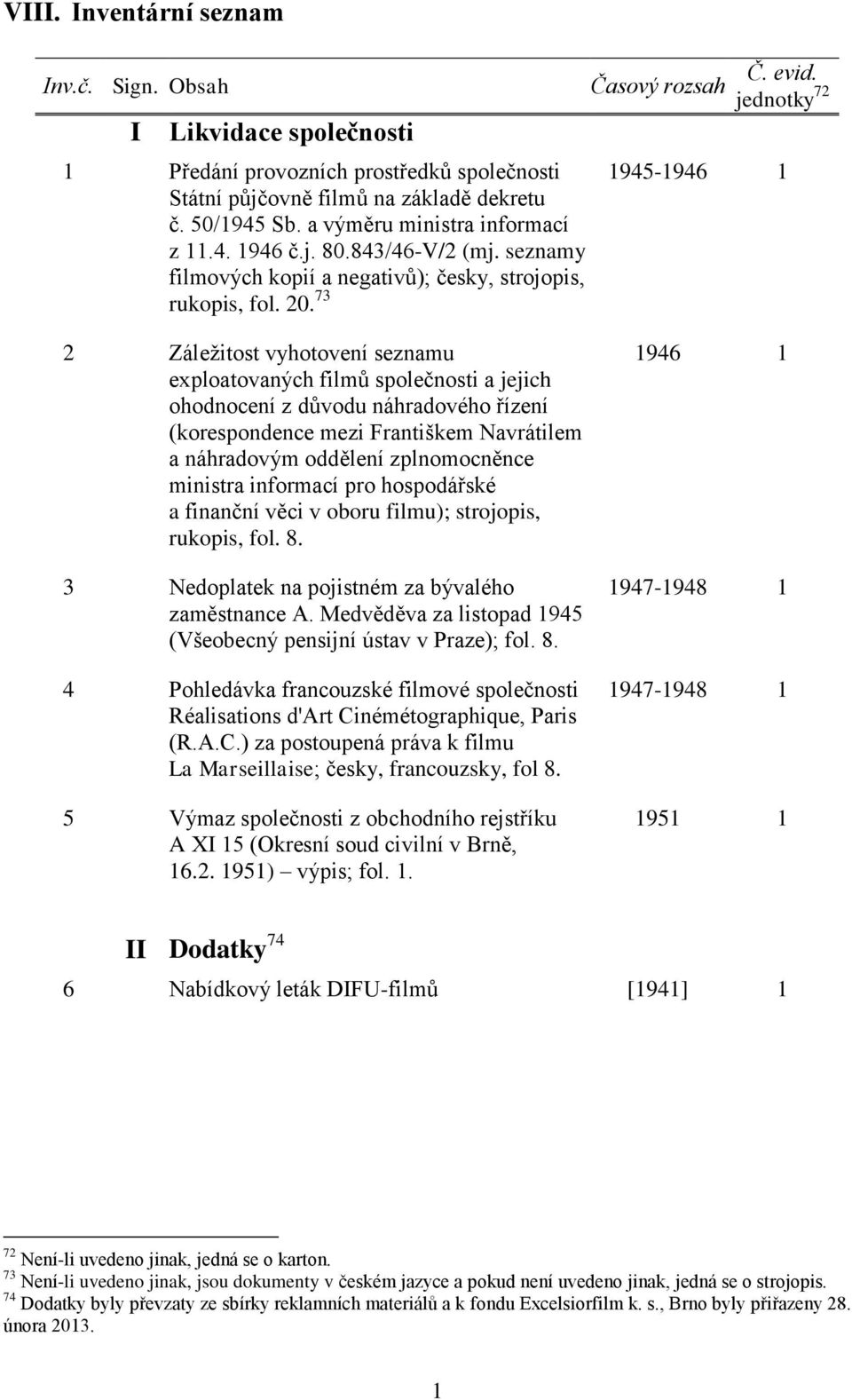 jednotky 72 1945-1946 1 2 Záležitost vyhotovení seznamu exploatovaných filmů společnosti a jejich ohodnocení z důvodu náhradového řízení (korespondence mezi Františkem Navrátilem a náhradovým