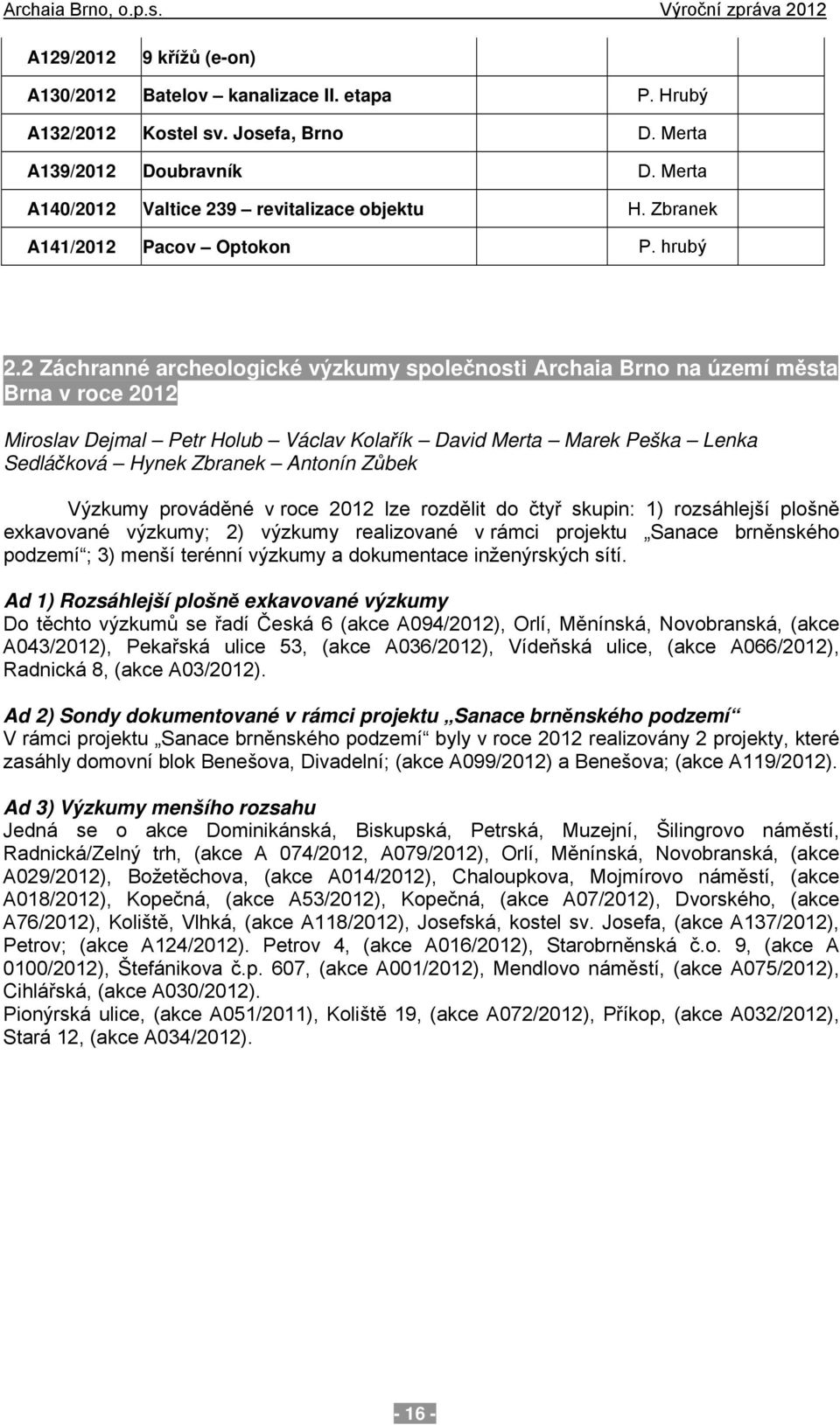 2 Záchranné archeologické výzkumy společnosti Archaia Brno na území města Brna v roce 212 Miroslav Dejmal Petr Holub Václav Kolařík David Merta Marek Peška Lenka Sedláčková Hynek Zbranek Antonín