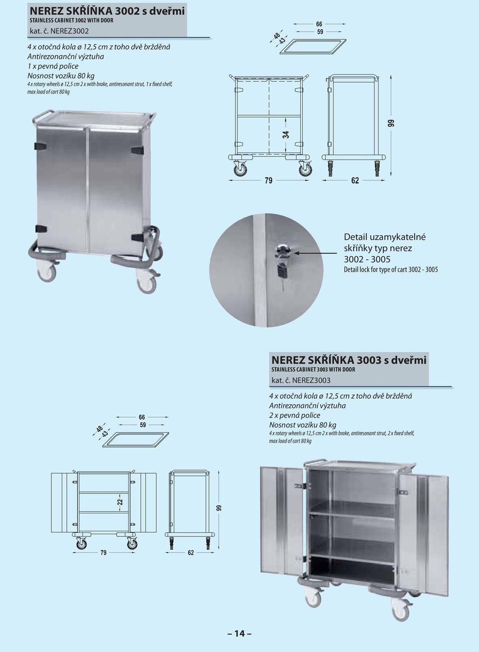 strut, 1 x fixed shelf, max load of cart 80 kg Detail uzamykatelné skříňky typ nerez 3002-3005 Detail lock for type of cart 3002-3005 NEREZ SKŘÍŇKA 3003 s