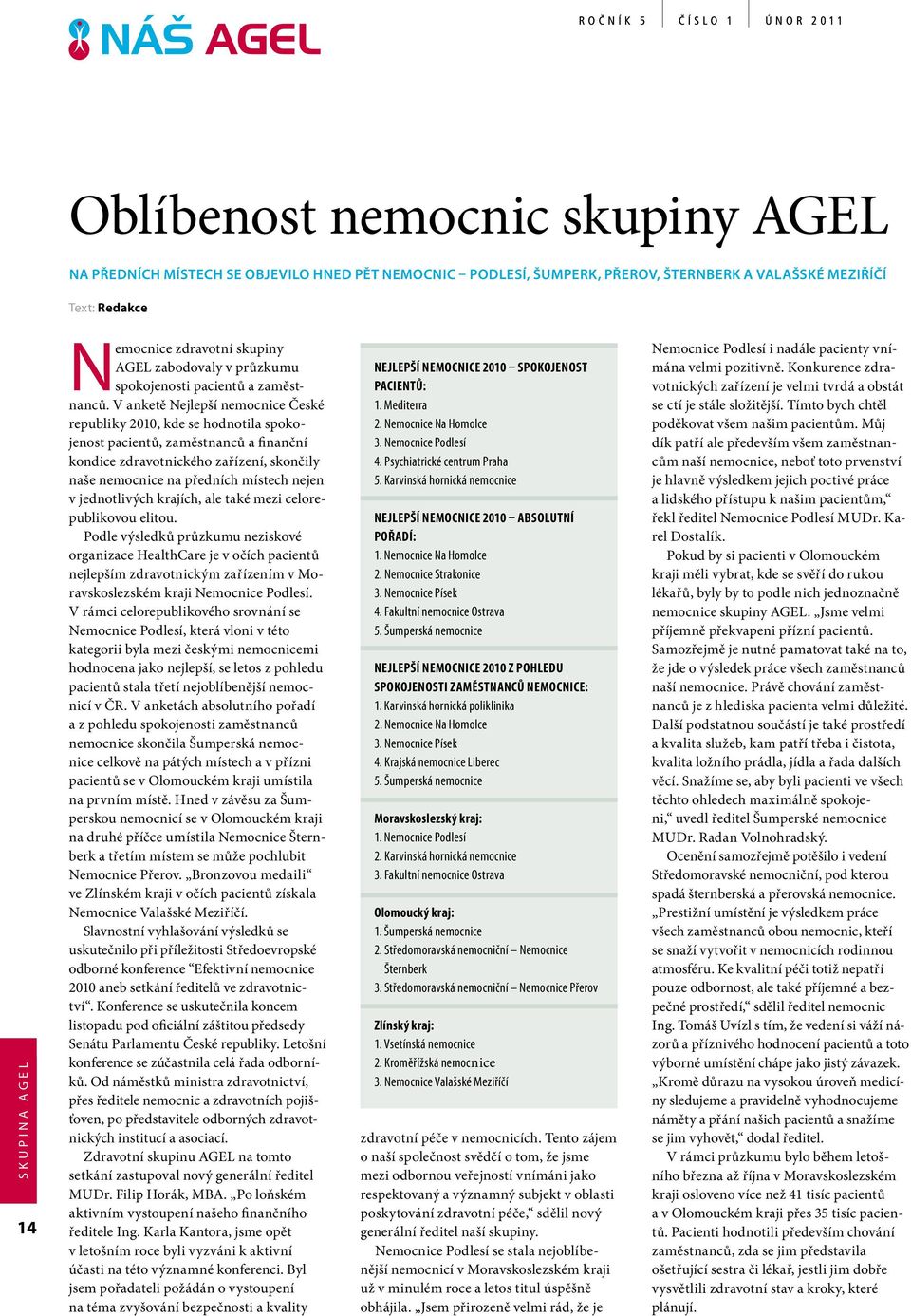 V anketě Nejlepší nemocnice České republiky 2010, kde se hodnotila spokojenost pacientů, zaměstnanců a finanční kondice zdravotnického zařízení, skončily naše nemocnice na předních místech nejen v