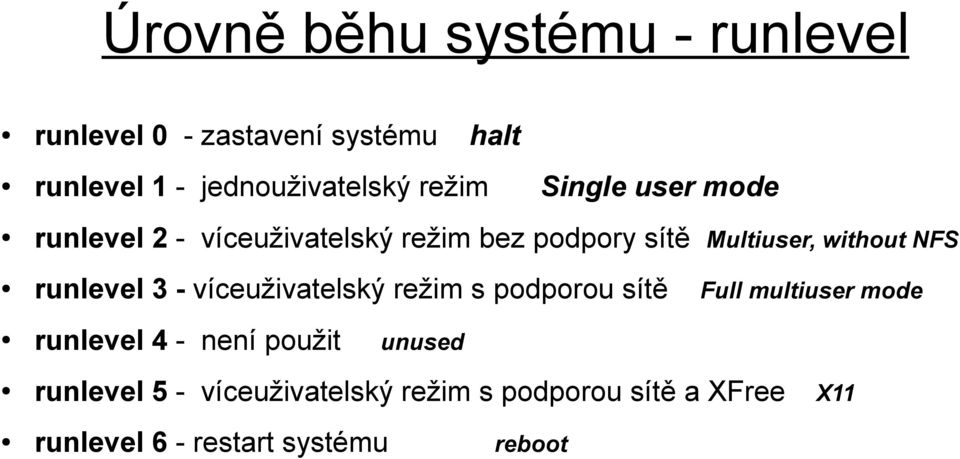 runlevel 3 - víceuživatelský režim s podporou sítě Full multiuser mode runlevel 4 - není použit