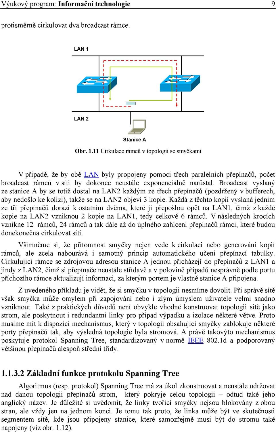 11 Cirkulace rámců v topologii se smyčkami V případě, že by obě LAN byly propojeny pomocí třech paralelních přepínačů, počet broadcast rámců v síti by dokonce neustále exponenciálně narůstal.