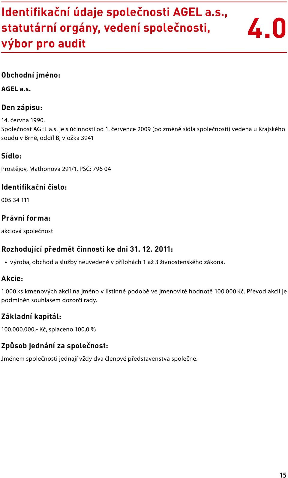 společnost Rozhodující předmět činnosti ke dni 31. 12. 2011: výroba, obchod a služby neuvedené v přílohách 1 až 3 živnostenského zákona. Akcie: 1.