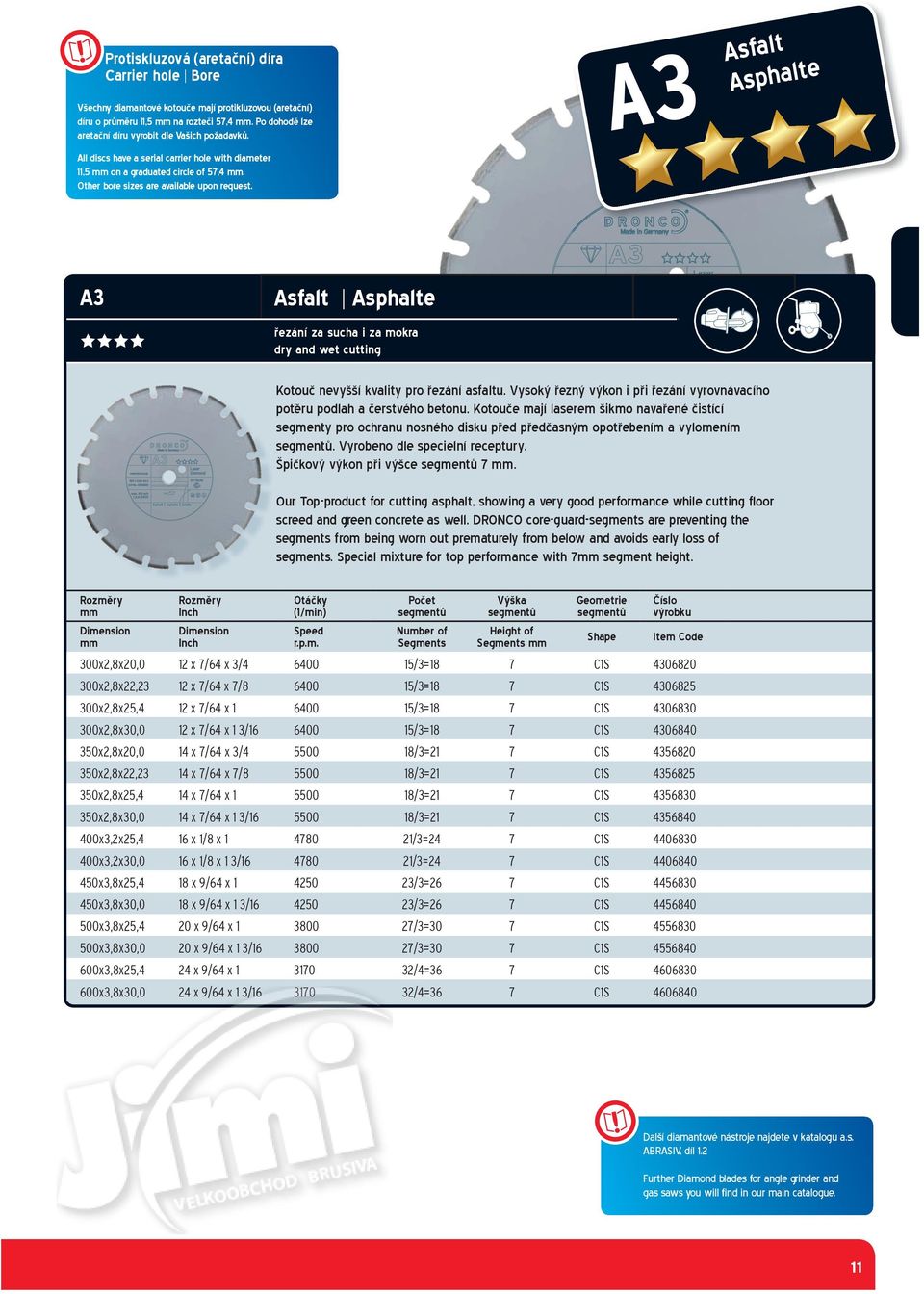 A3 Asfalt Asphalte A3 Asfalt Asphalte řezání za sucha i za mokra dry and wet cutting Kotouč nevyšší kvality pro řezání asfaltu.