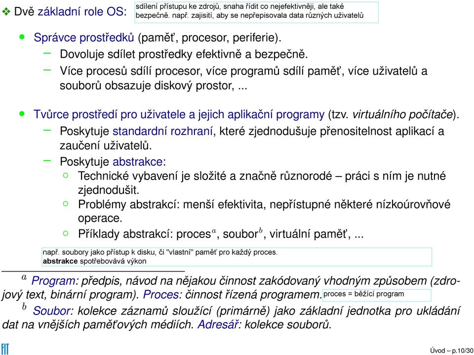 Poskytuje standardní rozhraní, které zjednodušuje přenositelnost aplikací a zaučení uživatelů. Poskytuje abstrakce: Technické vybavení je složité a značně různorodé práci s ním je nutné zjednodušit.