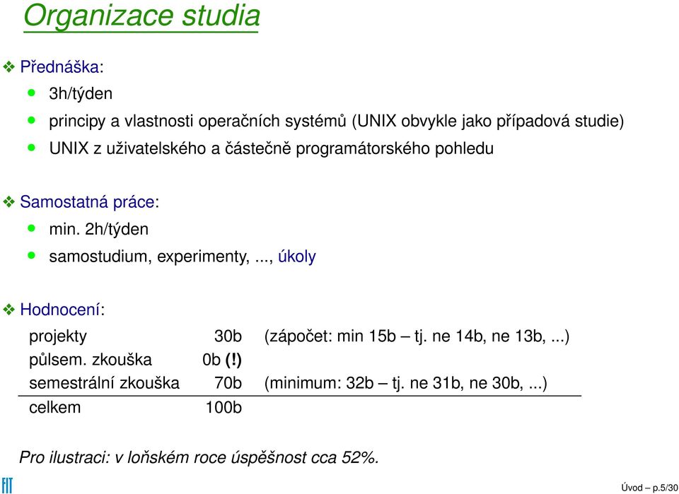 .., úkoly Hodnocení: projekty 30b (zápočet: min 15b tj. ne 14b, ne 13b,...) půlsem. zkouška 0b (!