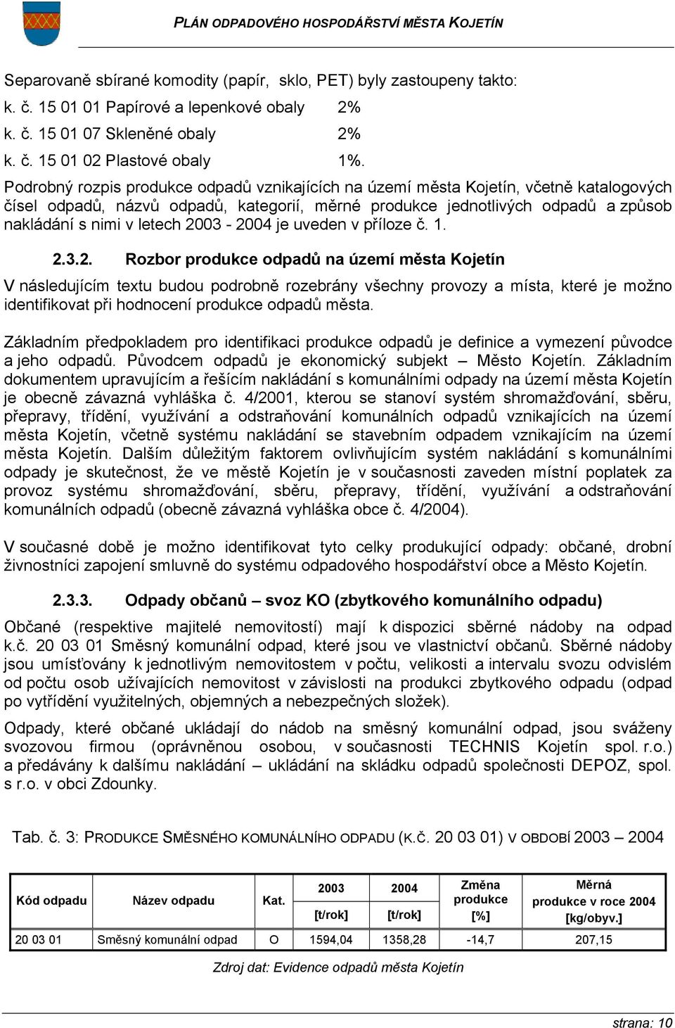 2003-2004 je uveden v příloze č. 1. 2.3.2. Rozbor produkce odpadů na území města Kojetín V následujícím textu budou podrobně rozebrány všechny provozy a místa, které je možno identifikovat při hodnocení produkce odpadů města.