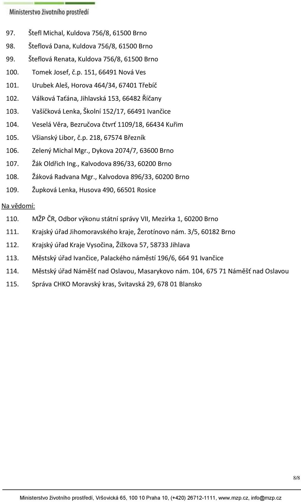 Veselá Věra, Bezručova čtvrť 1109/18, 66434 Kuřim 105. Všianský Libor, č.p. 218, 67574 Březník 106. Zelený Michal Mgr., Dykova 2074/7, 63600 Brno 107. Žák Oldřich Ing.
