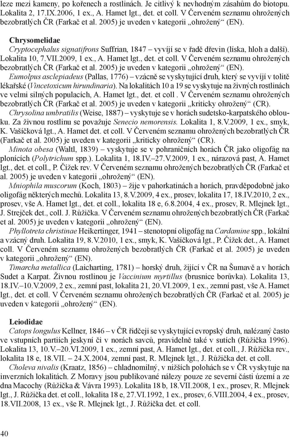 Chrysomelidae Cryptocephalus signatifrons Suffrian, 1847 vyvíjí se v řadě dřevin (líska, hloh a další). Lokalita 10, 7.VII.2009, 1 ex., A. Hamet lgt., det. et coll.