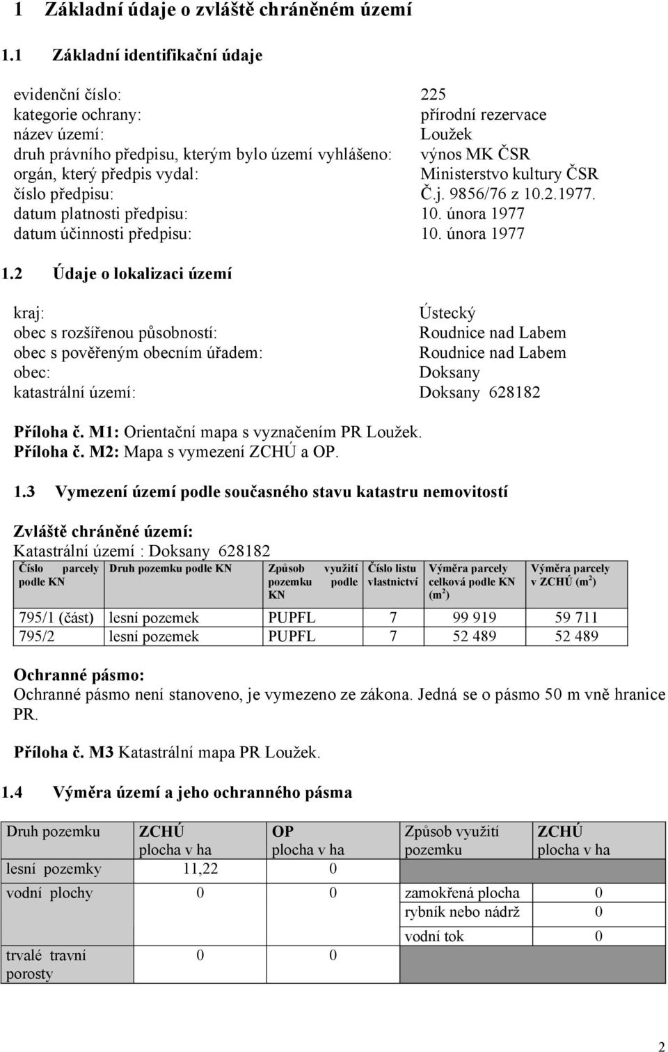 února 1977 Údaje o lokalizaci území kraj: obec s rozšířenou působností: obec s pověřeným obecním úřadem: obec: katastrální území: Ústecký Roudnice nad Labem Roudnice nad Labem Doksany Doksany 628182