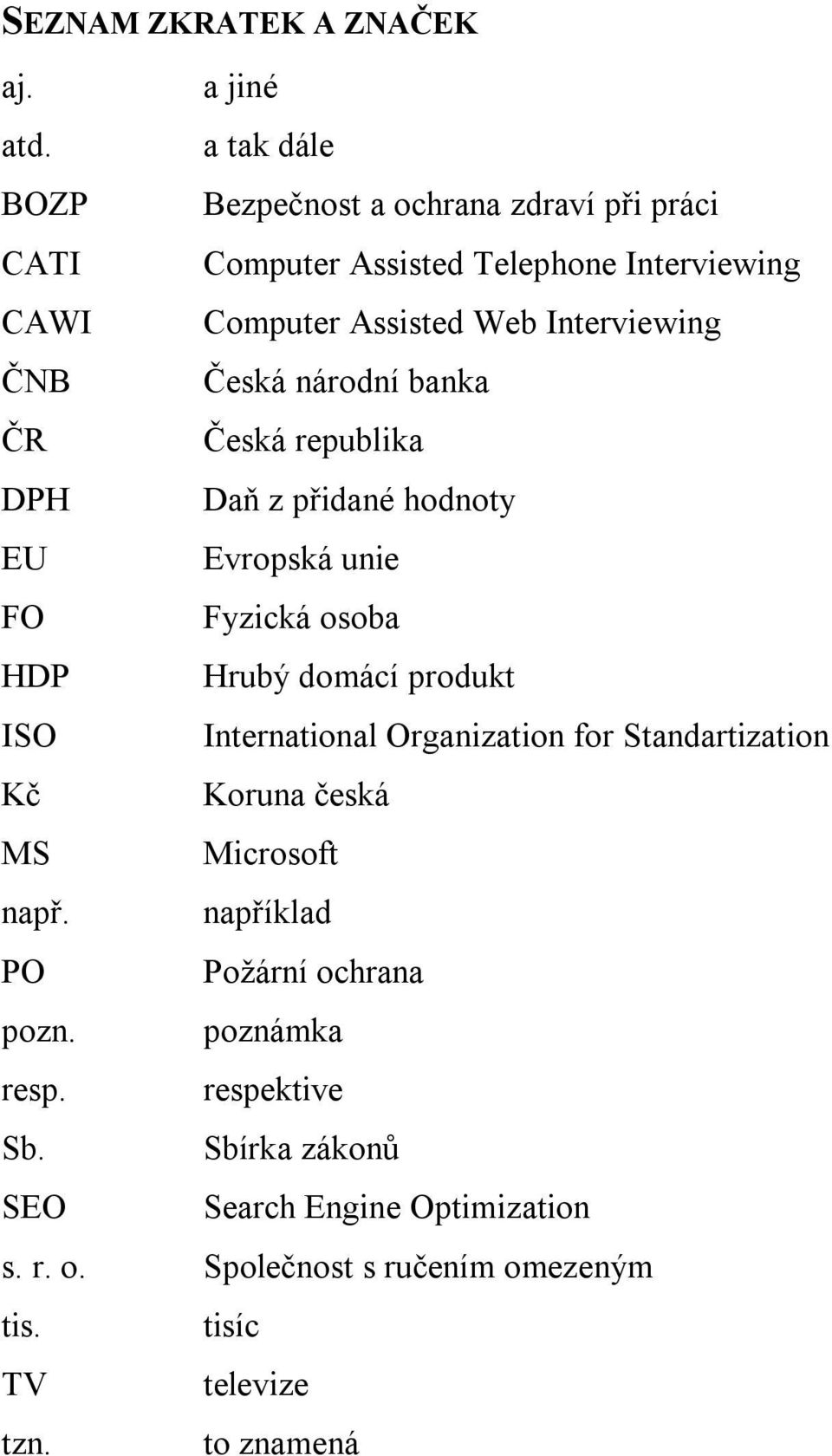 Česká národní banka ČR Česká republika DPH Daň z přidané hodnoty EU Evropská unie FO Fyzická osoba HDP Hrubý domácí produkt ISO International