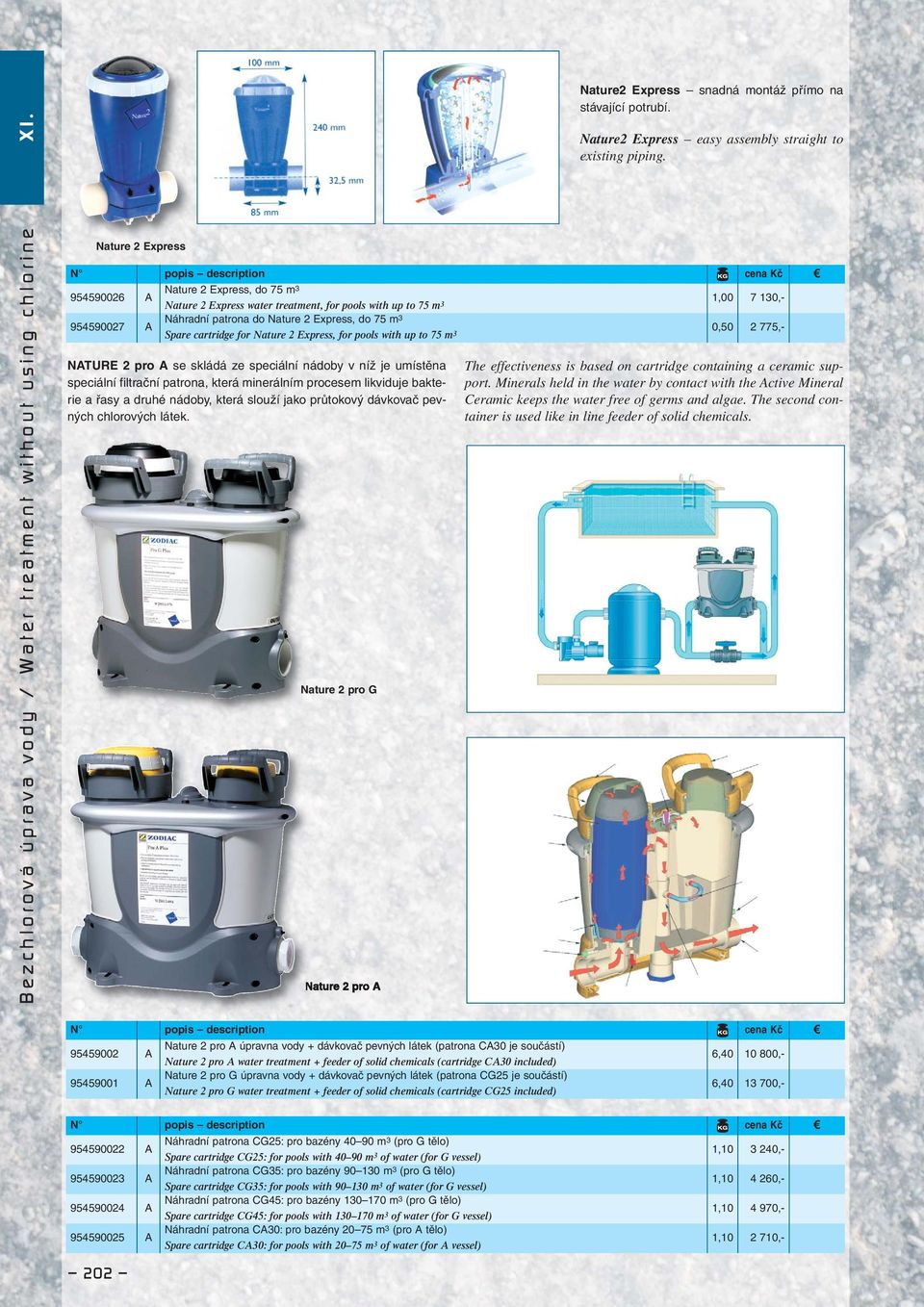 průtokový dávkovač pevných chlorových látek. Nature 2 pro G Nature 2 pro A Nature2 Express snadná montáž přímo na stávající potrubí. Nature2 Express easy assembly straight to existing piping.