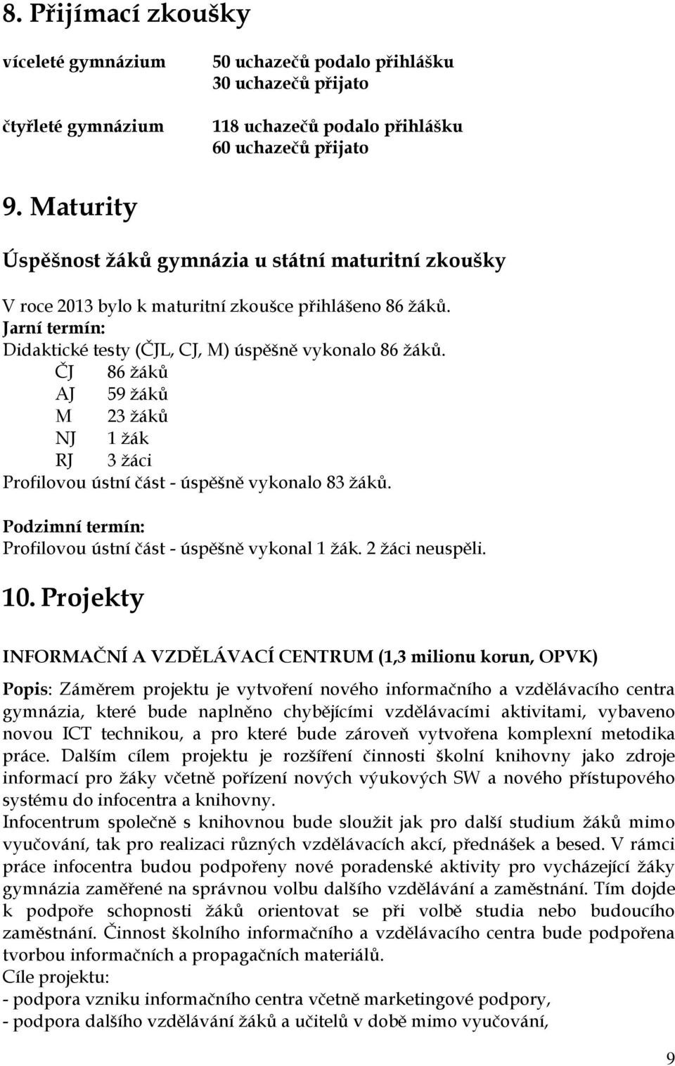 ČJ 86 ţáků AJ 59 ţáků M 23 ţáků NJ 1 ţák RJ 3 ţáci Profilovou ústní část - úspěšně vykonalo 83 ţáků. Podzimní termín: Profilovou ústní část - úspěšně vykonal 1 ţák. 2 ţáci neuspěli. 10.