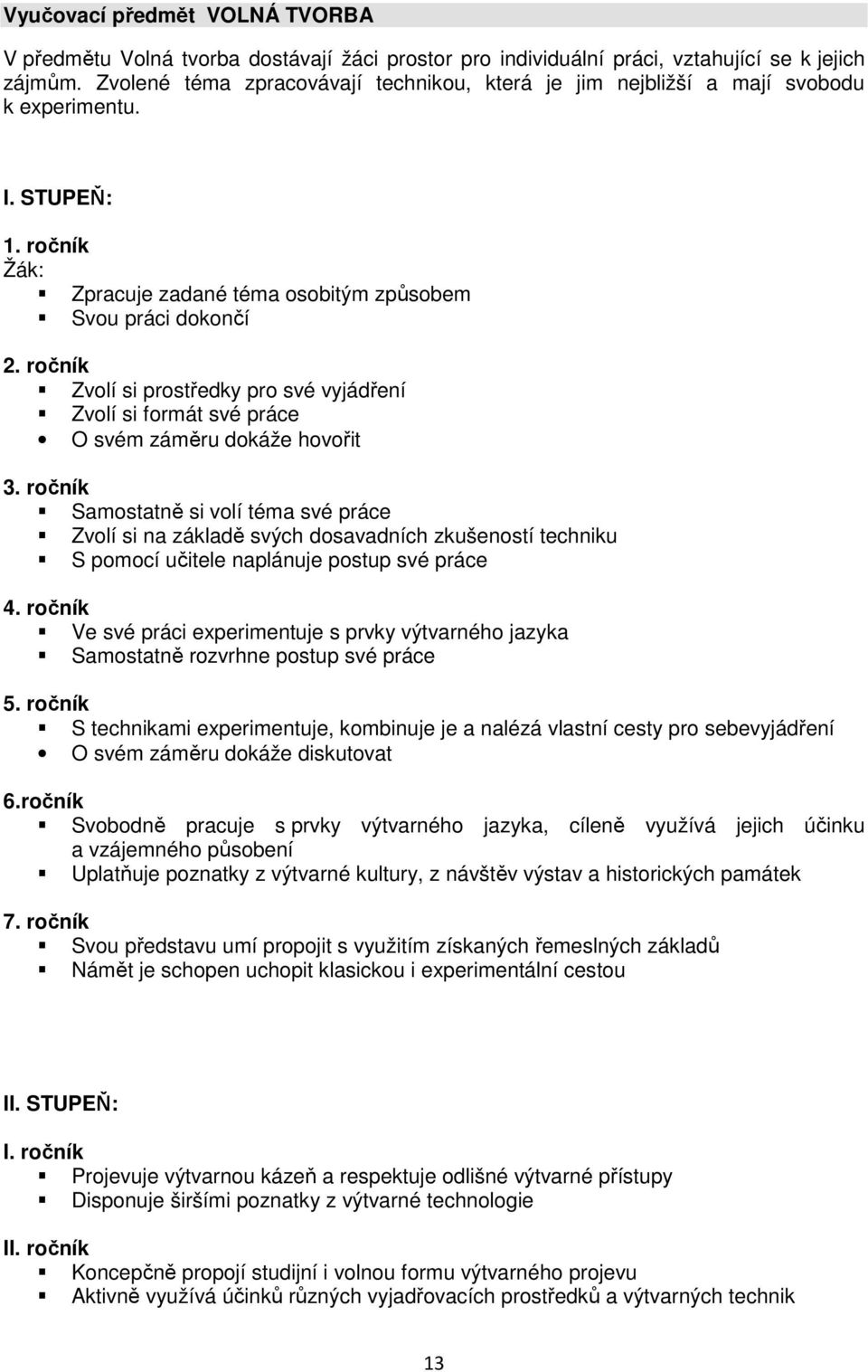 ročník Zvolí si prostředky pro své vyjádření Zvolí si formát své práce O svém záměru dokáže hovořit 3.