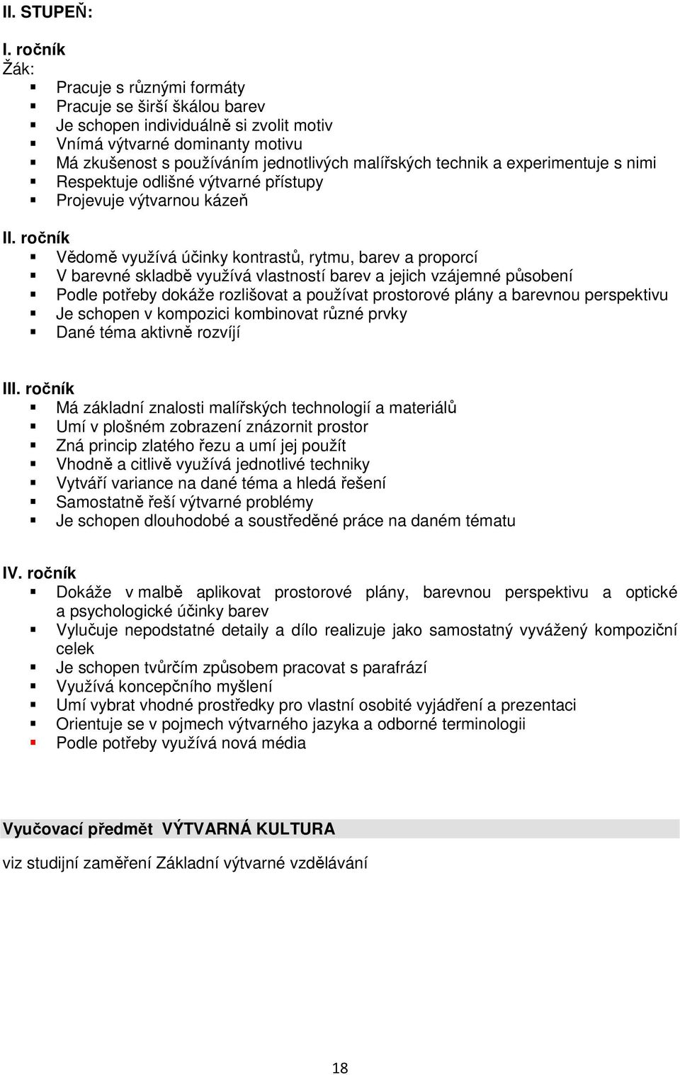 experimentuje s nimi Respektuje odlišné výtvarné přístupy Projevuje výtvarnou kázeň II.