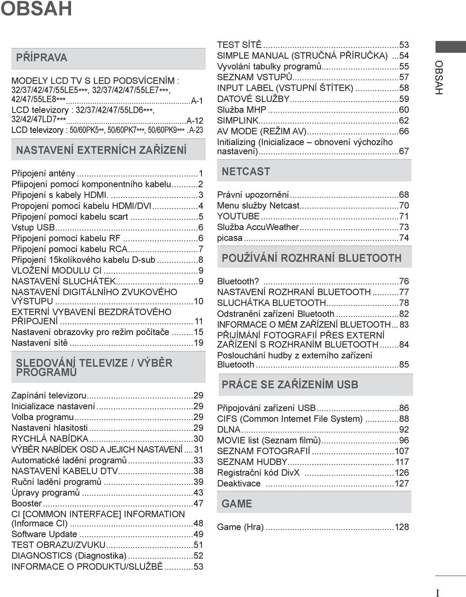 ..57 INPUT LABEL (VSTUPNÍ ŠTÍTEK)...58 DATOVÉ SLUŽBY...59 Služba MHP...60 SIMPLINK...6 AV MODE (REŽIM AV)...66 Initializing (Inicializace obnovení výchozího nastavení)...67 OBSAH Připojení antény.