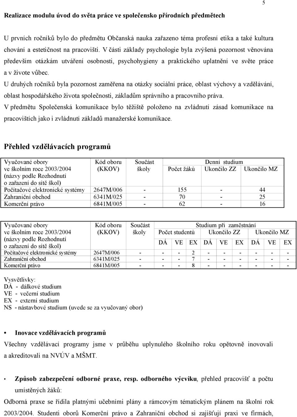 U druhých ročníků byla pozornost zaměřena na otázky sociální práce, oblast výchovy a vzdělávání, oblast hospodářského života společnosti, základům správního a pracovního práva.