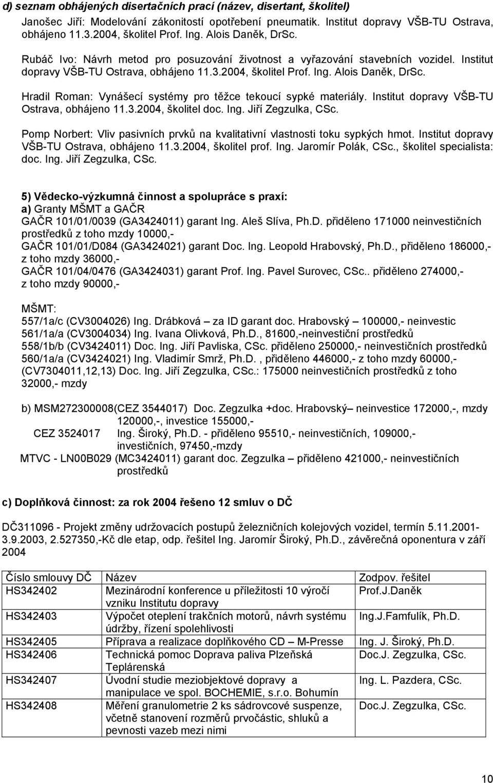 Hradil Roman: Vynášecí systémy pro těžce tekoucí sypké materiály. Institut dopravy VŠB-TU Ostrava, obhájeno 11.3.2004, školitel doc. Ing. Jiří Zegzulka, CSc.