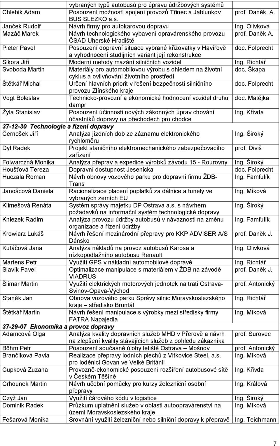 Folprecht a vyhodnocení studijních variant její rekonstrukce Sikora Jiří Moderní metody mazání silničních vozidel Ing.