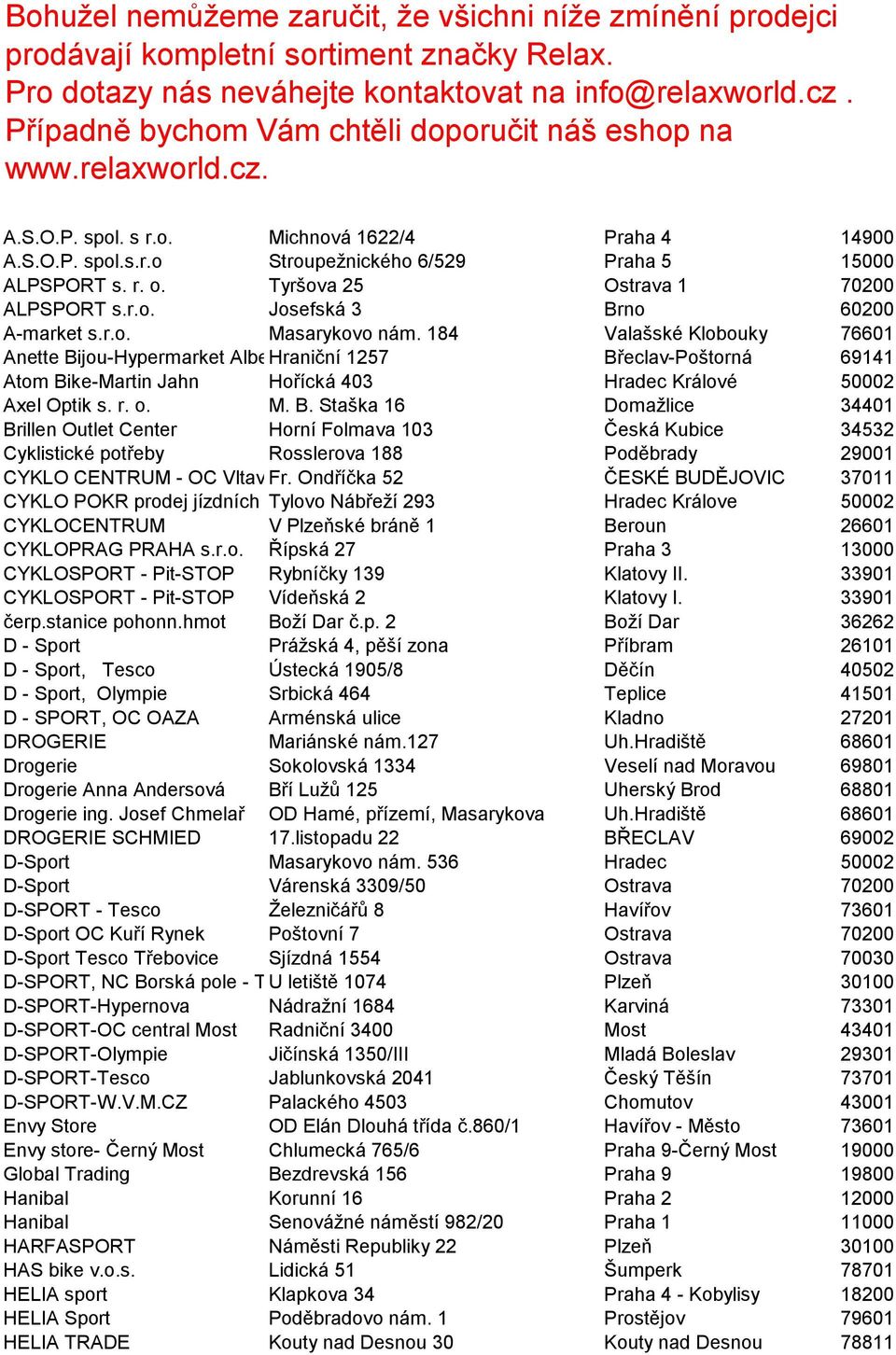 Tyršova 25 Ostrava 1 70200 ALPSPORT s.r.o. Josefská 3 Brno 60200 A-market s.r.o. Masarykovo nám.