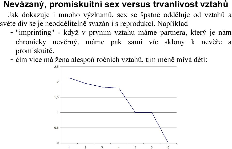 Například - "imprinting" - když v prvním vztahu máme partnera, který je nám chronicky nevěrný,