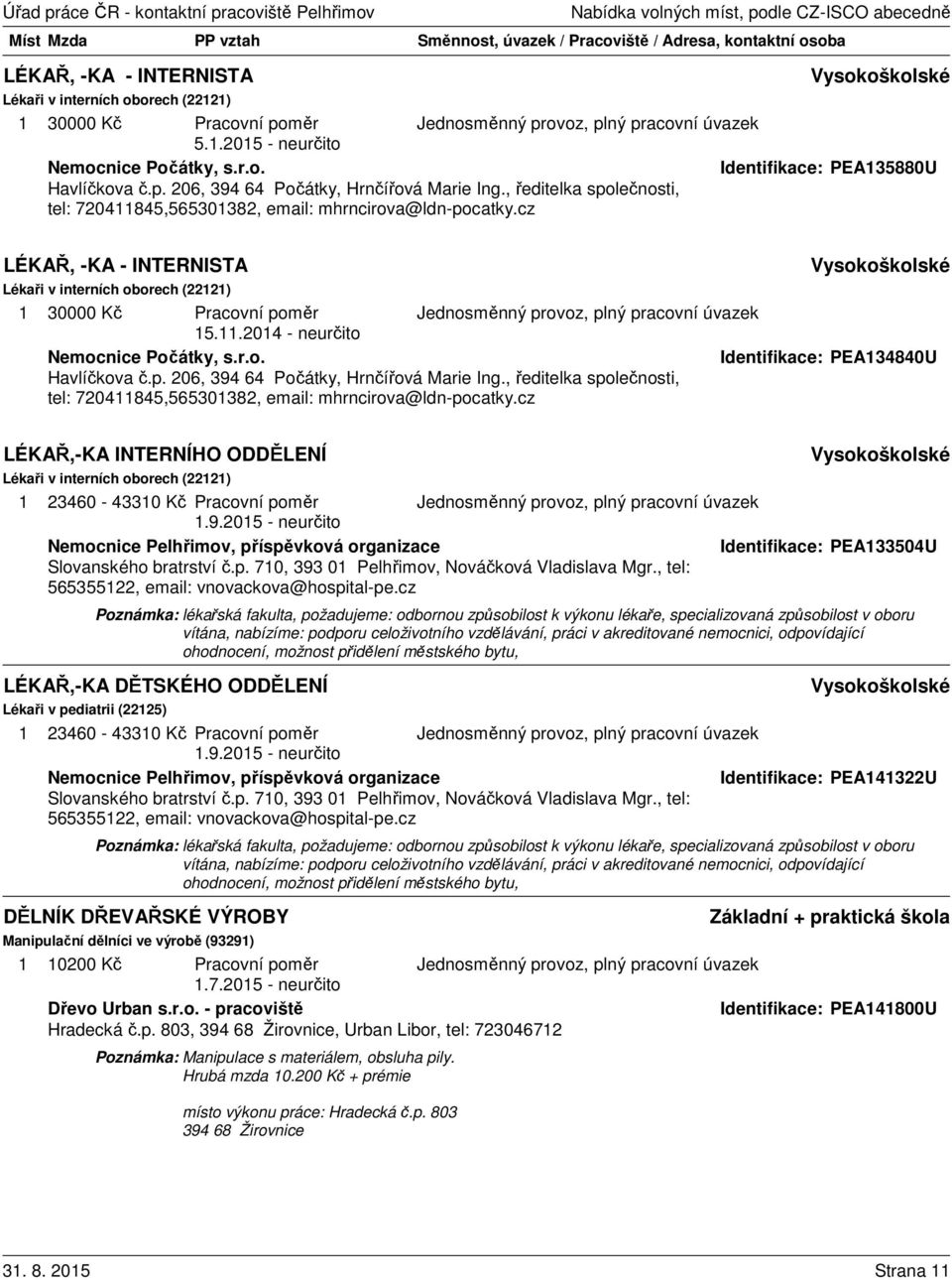 r.o. Identifikace: PEA134840U Havlíčkova č.p. 206, 394 64 Počátky, Hrnčířová Marie Ing., ředitelka společnosti, tel: 720411845,565301382, email: mhrncirova@ldn-pocatky.