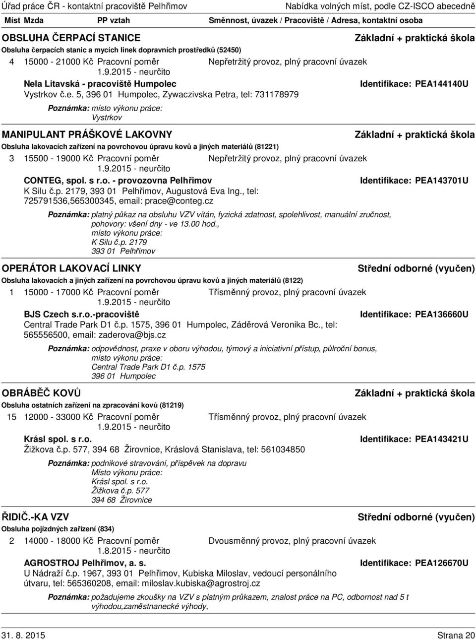 Identifikace: PEA144140U Vystrkov č.e. 5, 396 01 , Zywaczivska Petra, tel: 731178979 Poznámka: místo výkonu práce: Vystrkov MANIPULANT PRÁŠKOVÉ LAKOVNY Obsluha lakovacích zařízení na povrchovou